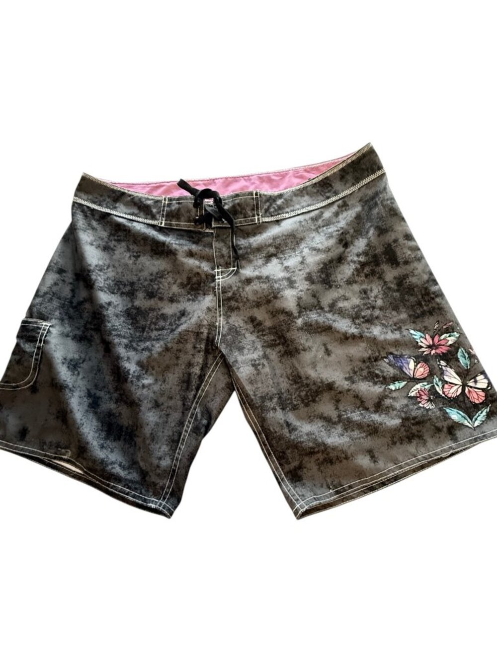 Burnside Black Mineral Wash Boardshort Tie Front Floral Design Womens Size XL